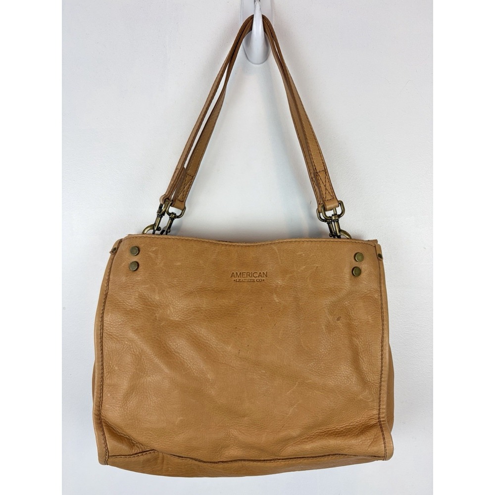 American Leather Co Lenox Triple Entry Satchel Leather Tote Purse Bag Cafe Latte